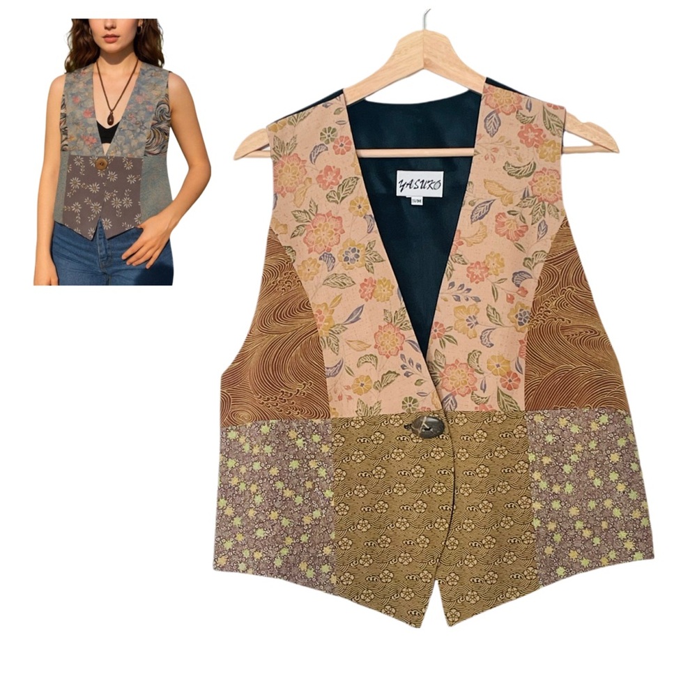 Vintage Yasuko Patchwork Kimono Silk
Vest Size Small Medium NWOT Boho Artsy Chic